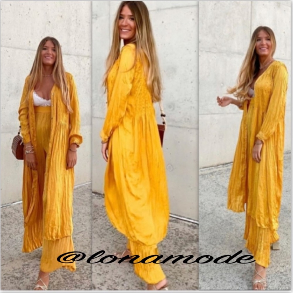 “set” Zara Mustard Wrinkle Look Dress /Pants NWT